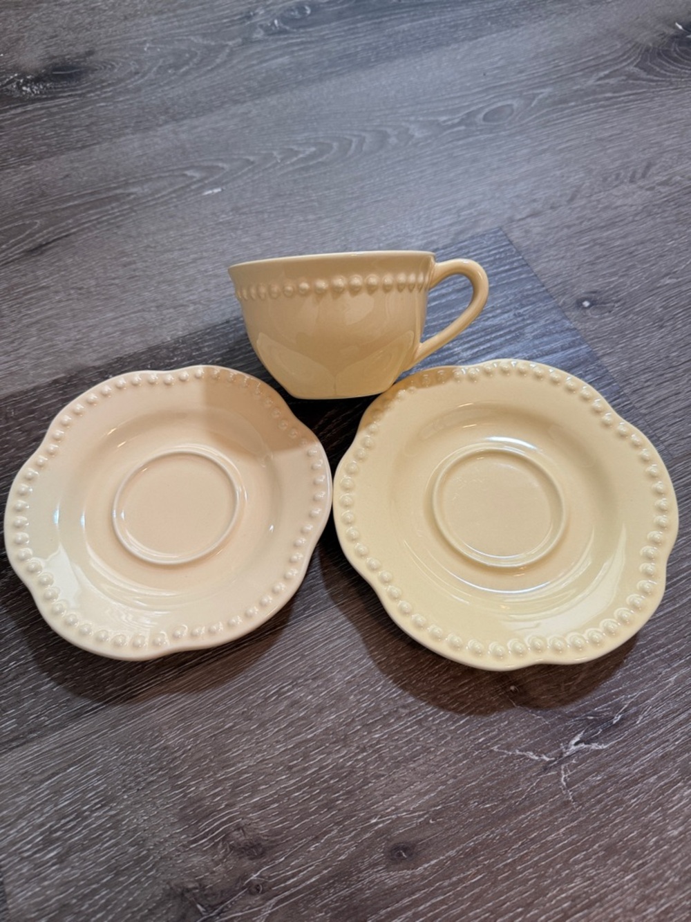 Pottery Barn “Emma” Butter Yellow Portugal Beaded Cup &Saucer Set French Country